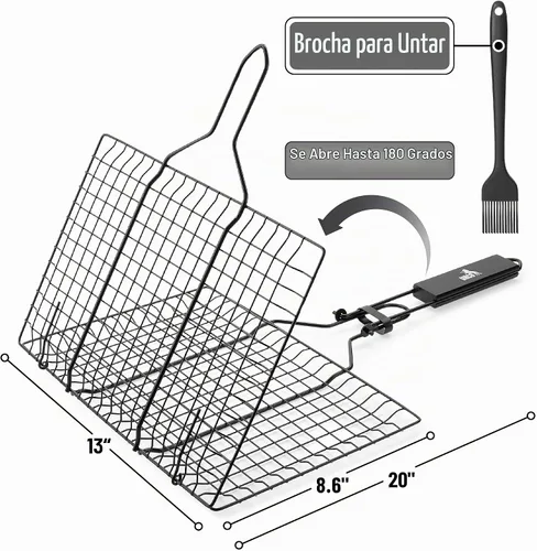 Vista 2 de UNCO- Cesta para parrilla de barbacoa, plegable, portátil, de acero inoxidable, con mango de madera extraíble y cepillo para untar, para verduras