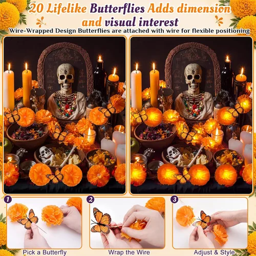 Vista 4 de Retisee Guirnalda de luces de caléndula de 5 pies, 10 LED, 1 paquete Flor y mariposa