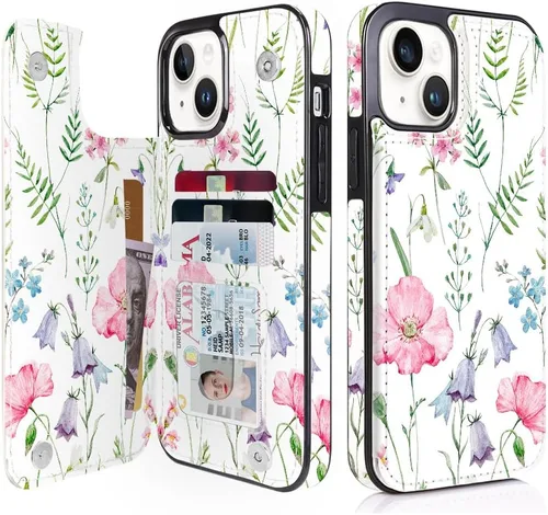 Vista 28 de uCOLOR - Funda tipo cartera para iPhone 15 con tarjetero y diseño de lunares con leche de almendra Bloqueo RFID de piel sintética para mujeres