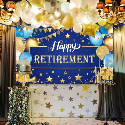 Vista 7 de KatchOn Cartel de feliz jubilación extra grande de 72 x 44 pulgadas, decoraciones azules y doradas, telón de fondo para fiesta, decoraciones