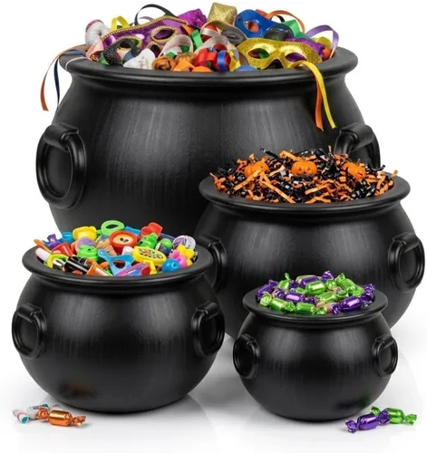 Vista 18 de PMU Caldero grande de Halloween 4p-16, (3) 8 pulgadas grande bruja plástico caldero tazón negro, para decoración de Halloween
