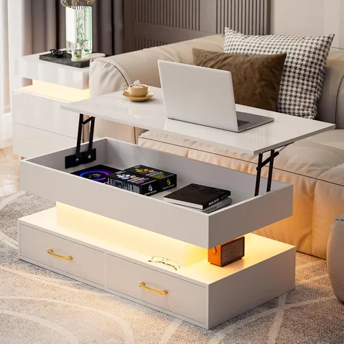 Vista 11 de IKIFLY Mesa de Centro Moderna con Tapa Elevable, Alto Brillo con Luces LED de 16 Colores, Tapa Elevable con 2 Cajones y Compartimento Oculto