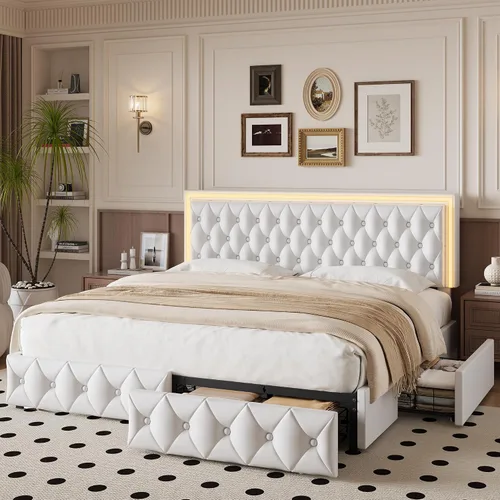 Vista 10 de Keyluv - Base de cama tapizada completa con LED, con 4 cajones, cama de plataforma de terciopelo con cabecera ajustable tapizada con botones