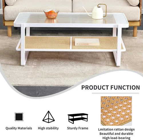 Vista 8 de Mesa de centro moderna minimalista blanca de doble capa de madera maciza. Mesa de cristal, mesa con borde de ratán de imitación. Mesa rectangular