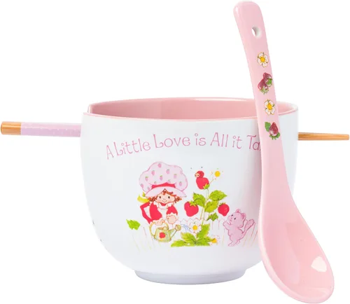 Vista 26 de Silver Buffalo Strawberry Shortcake - Tazón de cerámica vintage para ramen con palillos, apto para microondas, 20 onzas