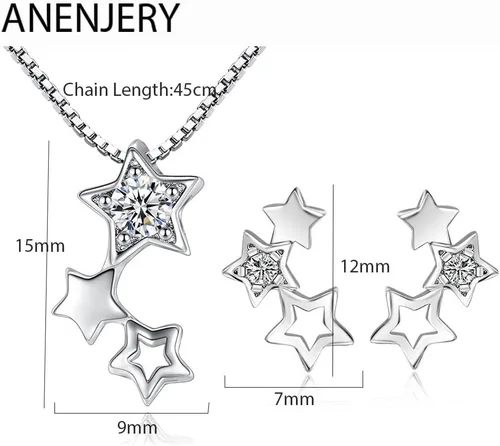 Vista 2 de Conjuntos de joyas de plata esterlina 925 collar simple de estrella de circón+pendientes para regalo de mujer niña, 17.7 in