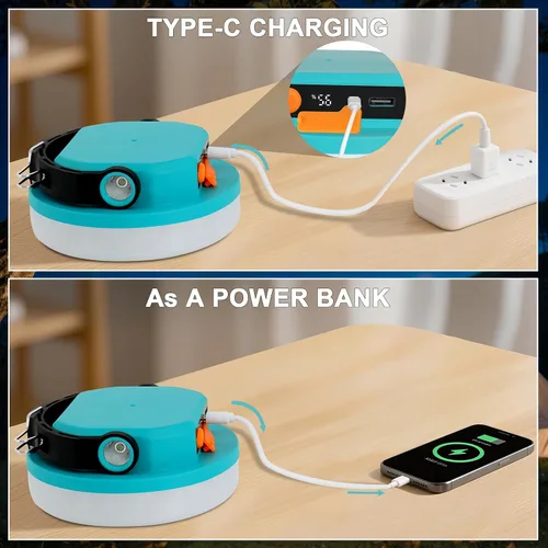 Vista 3 de Luz de campamento recargable, linterna LED para cortes de energía, luz de emergencia impermeable para tienda de campaña con gancho magnético, banco