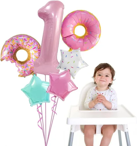 Vista 2 de Decoraciones de dona para el primer cumpleaños, suministros de decoración de fiesta de cumpleaños para niñas, 40 pulgadas, color rosa, 6 globos