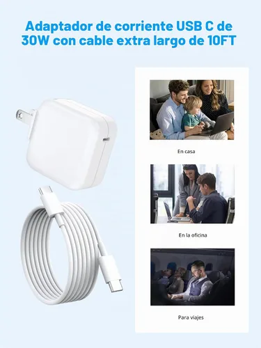 Vista 6 de Cargador de aire para MacBook de carga rápida, Apple 30 W, adaptador de corriente USB C extralargo cable USBC de 10 pies compatible con MacBook Pro