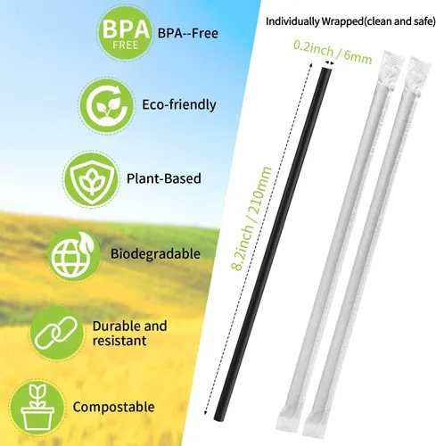 Vista 3 de Pajitas biodegradables compostables envueltas individualmente, pajitas negras desechables de ácido poliláctico (PLA) a base de plantas