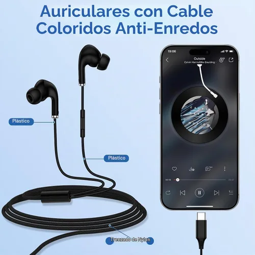 Vista 2 de Samsung - Auriculares con cable USB C, auriculares con cable tipo C, con cable trenzado, auriculares intrauditivos con micrófono para Samsung Galaxy