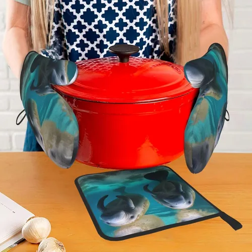 Vista 6 de West Indian Manatees - Guantes de horno resistentes al calor, 2 unidades y soportes para ollas, 1 unidad, guantes de cocina para hornear, juego de 3