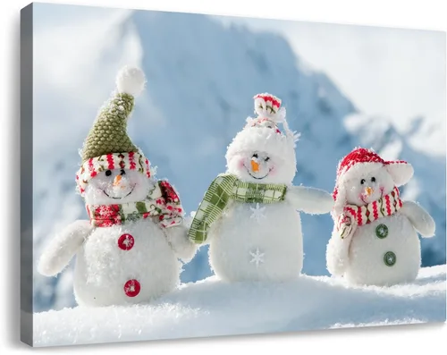 Vista 13 de gaosoul Lienzo de muñeco de nieve navideño para pared, lindo muñeco de nieve en pintura de paisaje nevado, póster navideño para sala de estar