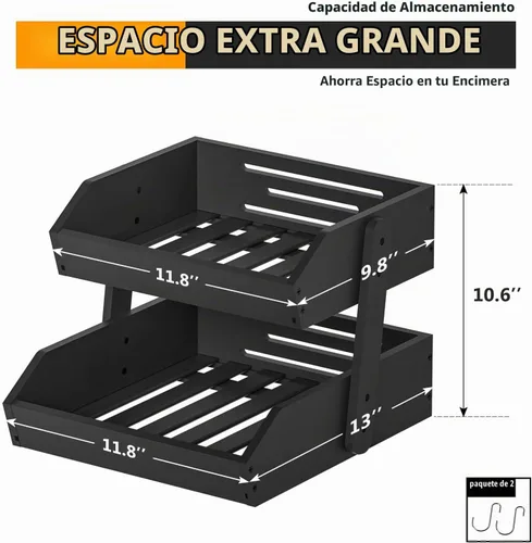 Vista 3 de Gmtsl Cesta de frutas de bambú para cocina, frutero de 2 niveles para encimera de cocina, soporte grande para frutas con 2 ganchos para plátanos