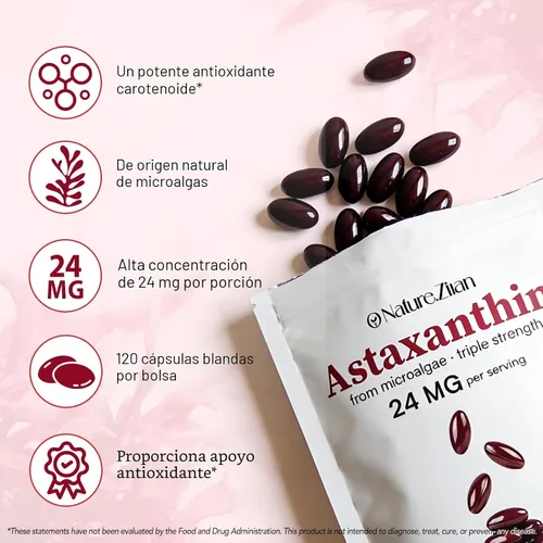 Vista 2 de O NATURE . ZIRAN Suplementos de astaxantina de 24 mg, suplemento antioxidante, ayuda para la salud de los ojos, las articulaciones y la piel