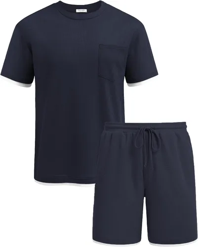 Vista 63 de COOFANDY Conjunto de camisa y pantalones cortos de gofre para hombre, conjunto de 2 piezas, conjunto casual de verano con bolsillos