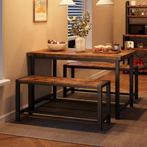 Vista 10 de Juego de mesa de comedor para 4 personas con 2 bancos, juego de mesa de cocina de 3 piezas, juego de comedor que ahorra espacio para cocina, Negro