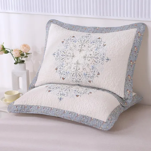 Vista 3 de vctops Juego de 2 fundas de almohada elegantes bordadas con flores, tamaño Queen, 100% algodón, decorativas, acolchadas (azul, 20 x 26 pulgadas)