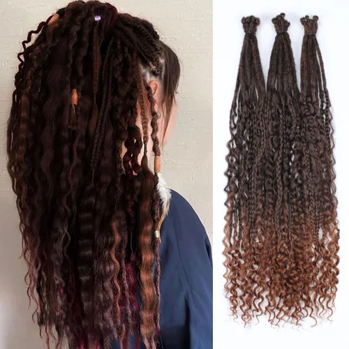 Vista 45 de Extensiones de rastas trenzadas bohemias de 24 pulgadas, 10 hebras de rastas sintéticas rizadas color marrón degradado con trenza de caja, rastas