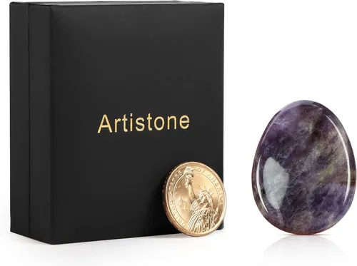 Vista 4 de Artistone Cristal de amatista para el pulgar, cristales curativos tallados, piedras de palma de bolsillo para ansiedad, alivio del estrés, meditación
