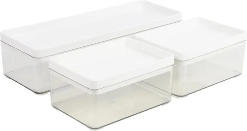 Vista 9 de Martha Stewart Grady - Cajas de almacenamiento apilables de plástico transparente con tapas de plástico blanco, juego de 3 Tapa de plástico