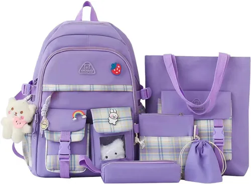 Vista 9 de Juego de 5 mochilas estéticas con alfileres y colgante, tamaño grande, estilo japonés kawaii, para la universidad, mochila para computadora Negro