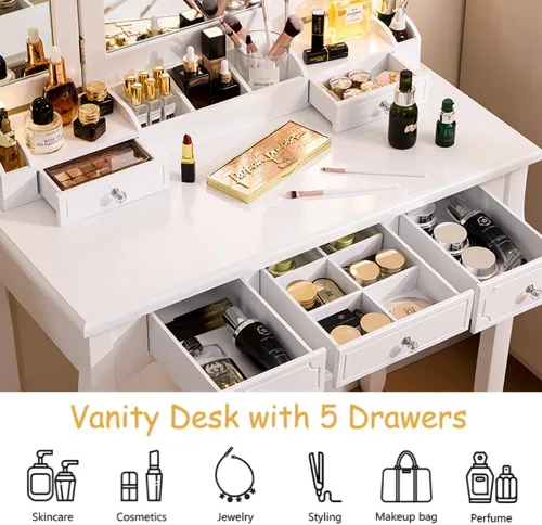 Vista 5 de Tocador de maquillaje con luces, escritorio grande con 3 modos de iluminación y brillo ajustable, escritorio desmontable con cajones y estantes