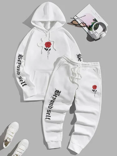 Vista 3 de GORGLITTER Conjunto deportivo de 2 piezas para hombre, sudadera con capucha y estampado de letras florales