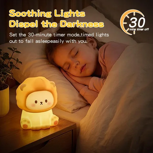 Vista 2 de Linda luz nocturna de león para niños, lámpara recargable de guardería con temporizador, 3 niveles de brillo y luz cálida, luz nocturna de silicona