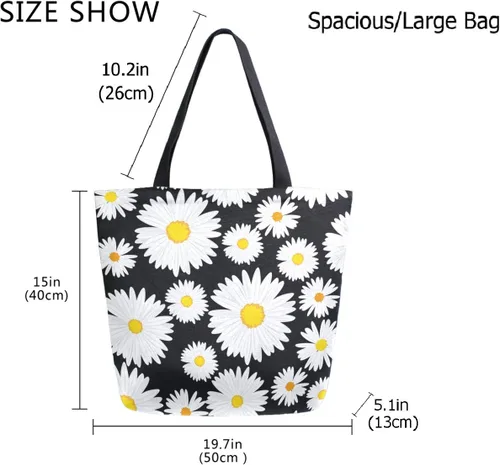 Vista 3 de Elegante bolsa de hombro extragrande con estampado para viajes a la playa, fin de semana, gimnasio, compras de comestibles.., Daisy Flower, Casual