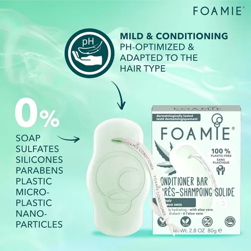 Vista 3 de Foamie Acondicionador sólido para cabello seco con aloe vera que hidrata intensamente el cabello, 100% vegano, sin plástico y sin sulfato, 2.82 oz