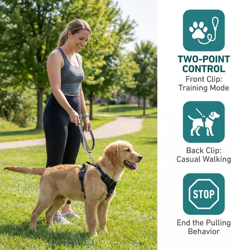 Vista 3 de Arnés sin tirones para perro, con 2 clips para correa, chaleco Oxford reflectante ajustable para mascotas con asa de fácil control para perros Negro