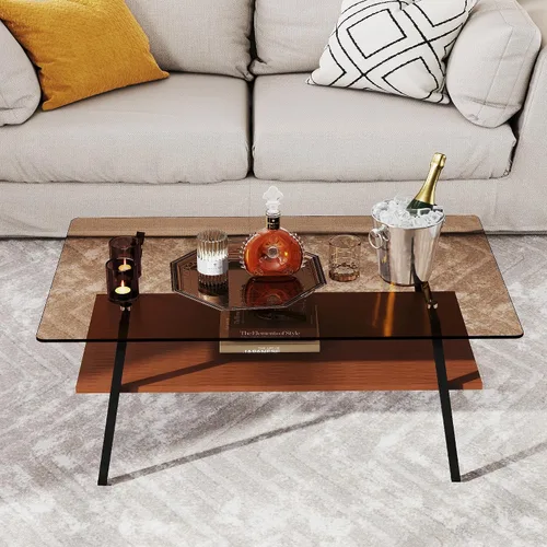 Vista 5 de Mesa de centro de cristal para sala de estar, mesa de centro de 2 niveles de mediados de siglo, mesa central con parte superior de vidrio templado