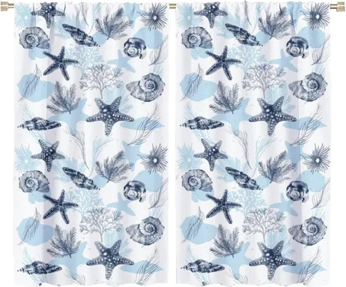 Vista 50 de JESTRONRY Cortina de playa azul y blanca con diseño de estrella de mar y conchas marinas con aislamiento térmico, para oscurecer la habitación, 2
