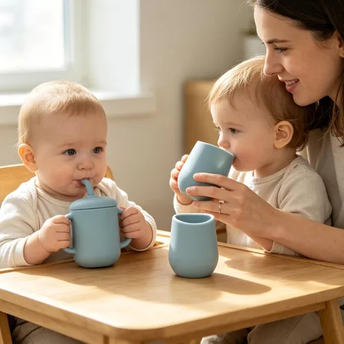 Vista 7 de Vasos de entrenamiento de silicona – Taza de entrenamiento para beber y taza de destete abierta para bebés de 6 a 12 meses en adelante, juego de Rosa