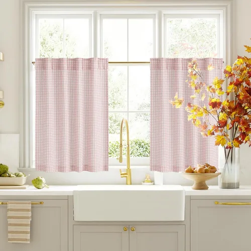 Vista 37 de RYB HOME - Cortinas de café de 24 pulgadas de largo, cortinas cortas de lino traslúcidas para ventana pequeña, cortina de media privacidad con Angora