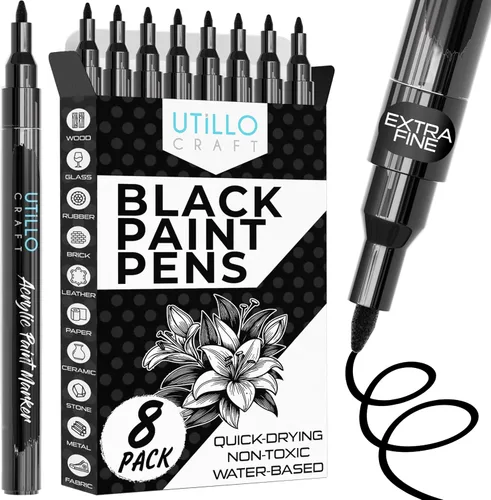 Vista 9 de Utillo Craft Bolígrafo de pintura negra (paquete de 3) marcadores de pintura negra mediana para metal, tela, madera, vidrio, papel, plástico, roca