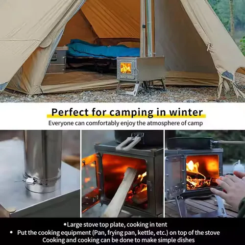 Vista 6 de Estufa de leña portátil para acampar con mochila y tubo de chimenea de 8.6 pies; ligera y plegable para tienda de campaña, caza, pesca en hielo