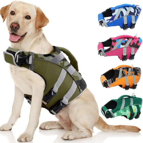 Vista 20 de Kuoser Chaleco salvavidas reflectante para perro, chaleco salvavidas para nadar y navegar Chalecos salvavidas ajustables para mascotas, traje