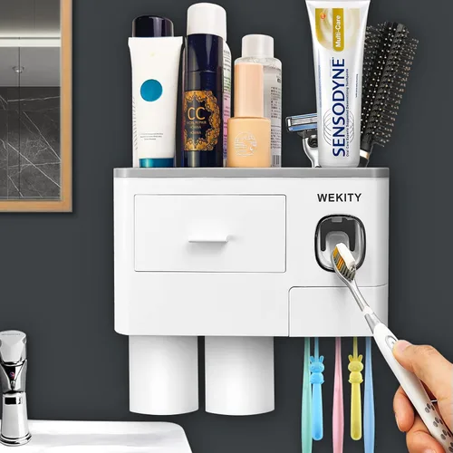 Vista 10 de Soporte multifuncional para cepillos de dientes montado en la pared, dispensador automático de pasta de dientes que ahorra espacio para cepillos