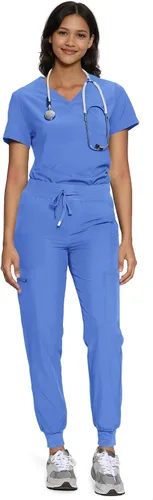 Vista 7 de floralhue Conjunto de ropa quirúrgica para mujer con cuello en V y Negro