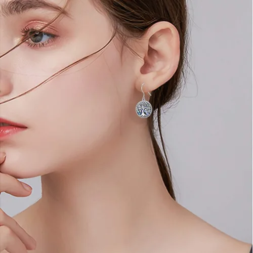 Vista 8 de Aniu Aretes colgantes de árbol de la vida, flor, turquesa, ópalo azul, malaquita, ágata musgo, lágrima, para mujer, plata de ley, aniversario