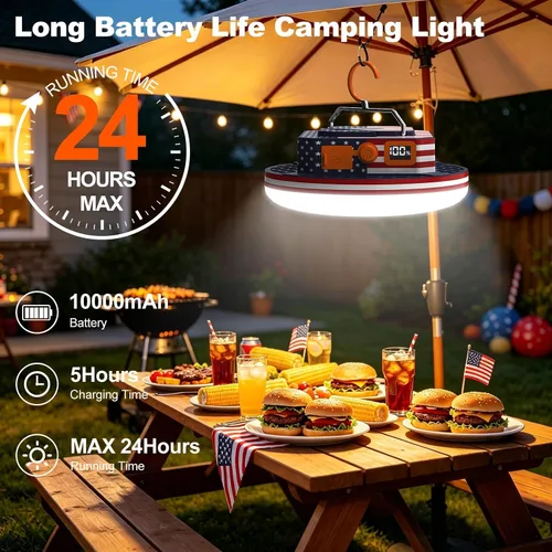 Vista 2 de IODOO Luz de campamento recargable de 10000 mAh con control remoto, bandera de Estados Unidos, luz de bandera estadounidense para acampar al aire