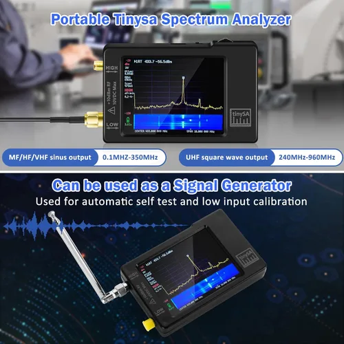 Vista 4 de Analizador portátil de espectro TinySA, AURSINC V0.3.1 Analizador de frecuencia portátil, Generador de señal 100kHz a 960MHz Entrada MF/HF/VHF UHF