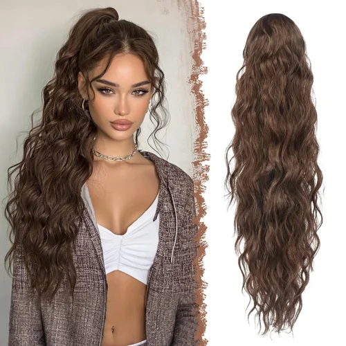 Vista 21 de FESHFEN Extensiones de cola de caballo – 26 pulgadas cordón largo rizado ondulado clip en colas de caballo pelo sintético extensiones de cola