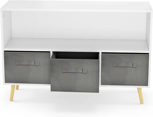 Vista 4 de Estantería para niños, organizador de almacenamiento de juguetes, estantería para niños con 3 cajones de tela plegables y patas de madera