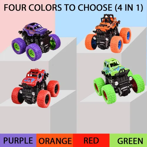 Vista 13 de Monster Trucks para niños, paquete de 4 vehículos de tracción para niños pequeños, rotación de 360°, 4 ruedas, autos de fricción duraderos, juguetes