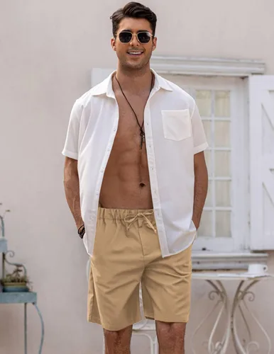 Vista 2 de COOFANDY Pantalones cortos de lino para hombre con cintura elástica y cordón para playa