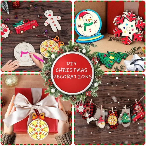Vista 6 de AerWo 60 adornos de Navidad de madera, 12 estilos de adornos de rebanadas de madera sin terminar, juego de adornos de Navidad con campanas