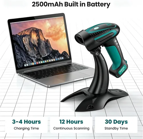 Vista 5 de Escáner de código de barras inalámbrico con soporte, escáner de código de barras industrial 1D 2D QR Bluetooth para Android, iOS, Windows, Mac